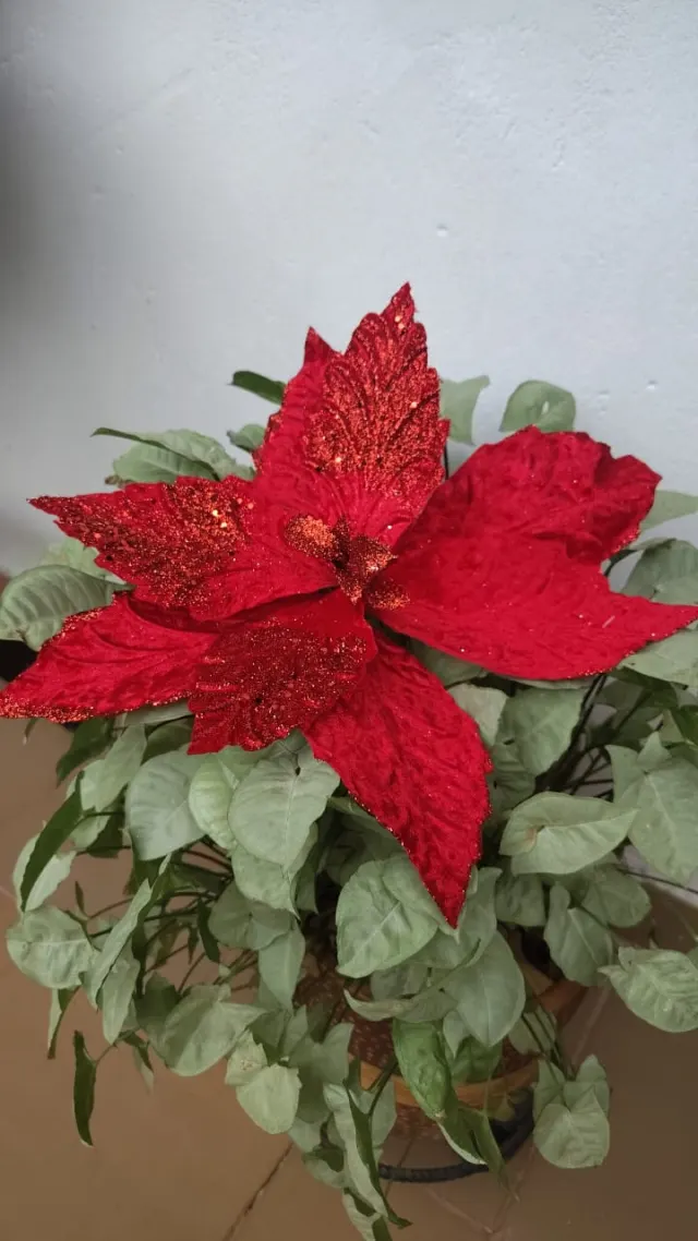 Flor roja con brillos, 34 × 20 cm · 8 hojas